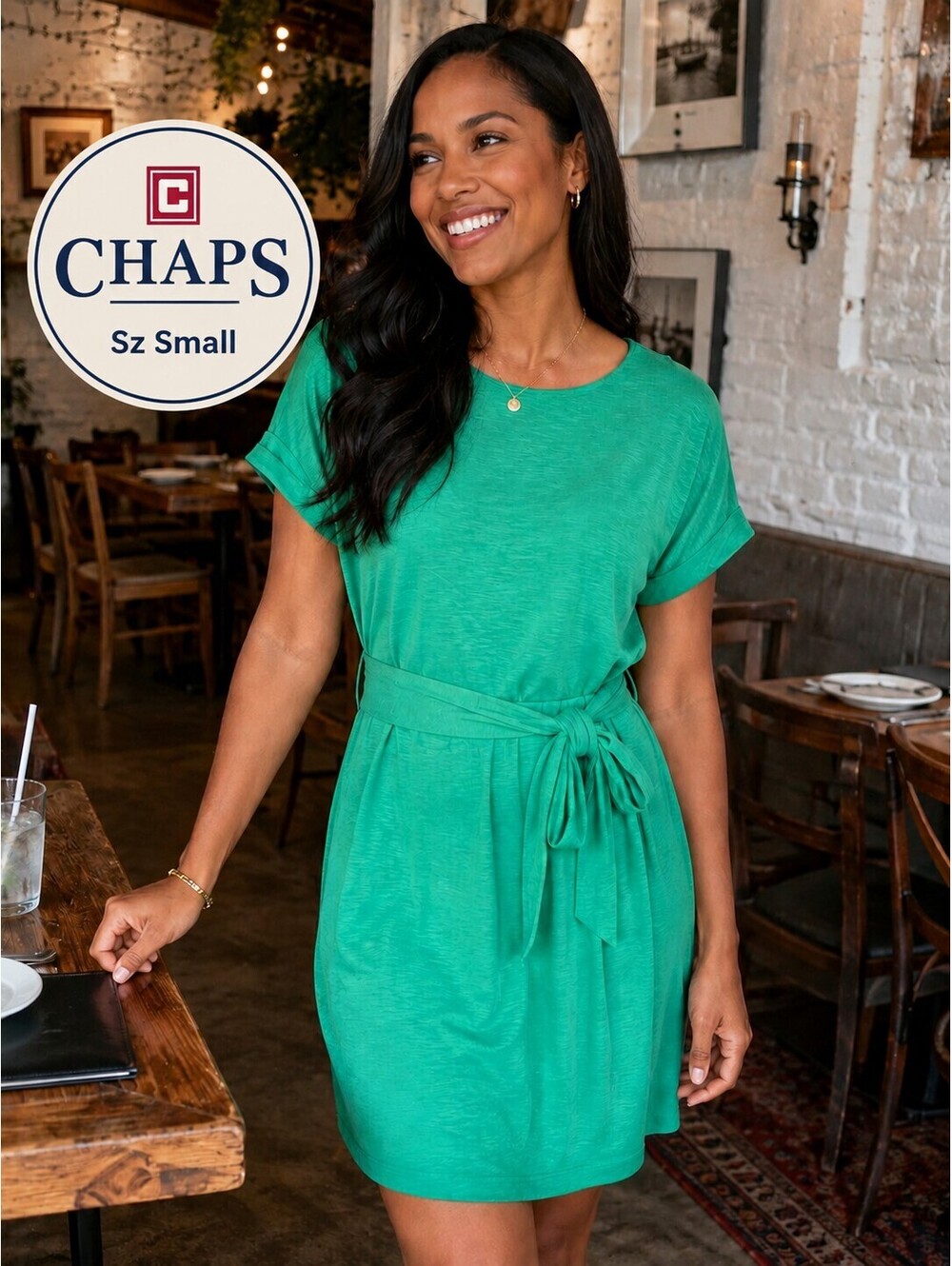 Chaps | S | Green Short Sleeve Tie Waist Dress